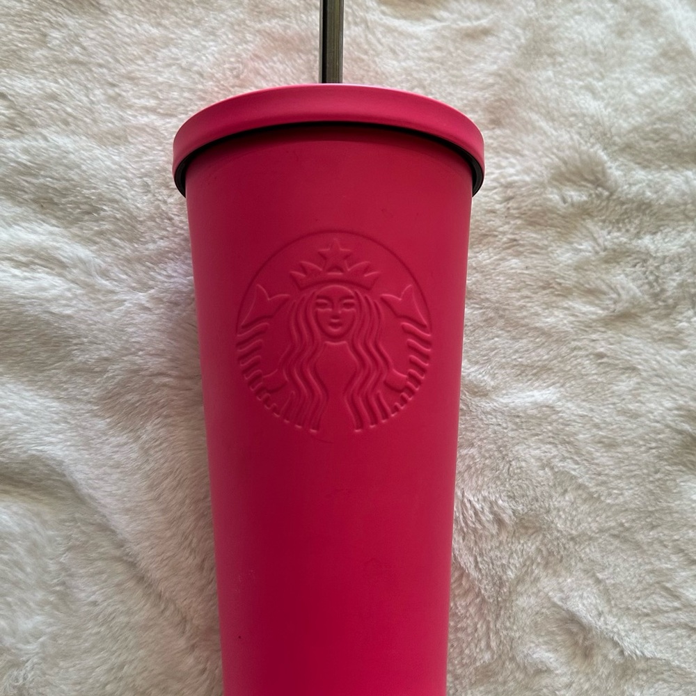 Starbucks 2014 Matte Hot Barbie Pink Stainless Steel Tumbler Straw 16oz